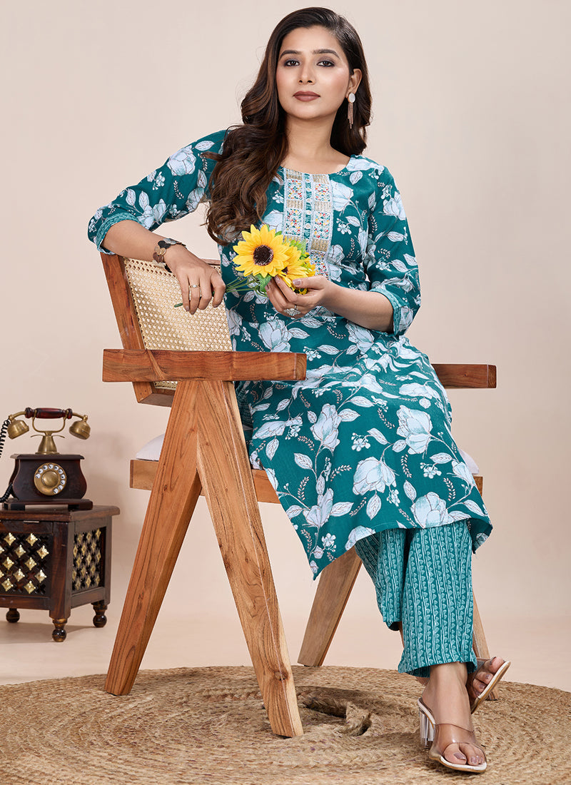 Prazu Fashion Turquoise Printed Cotton Blend Kurta Pant Set