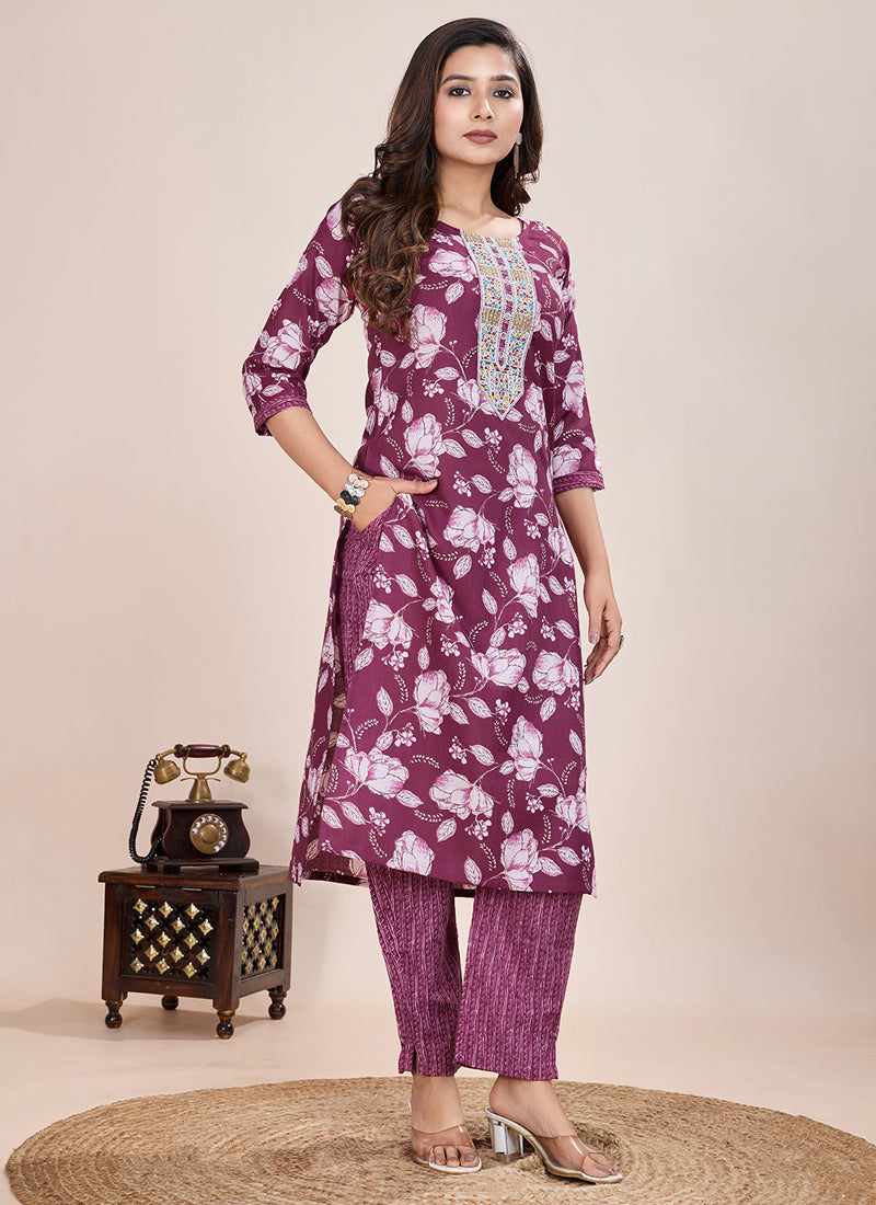 Prazu Fashion Wine Printed Cotton Blend Kurta Pant Set