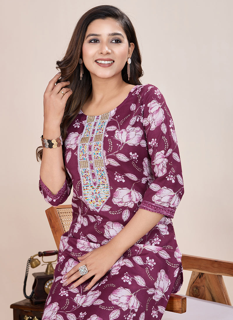Prazu Fashion Wine Printed Cotton Blend Kurta Pant Set