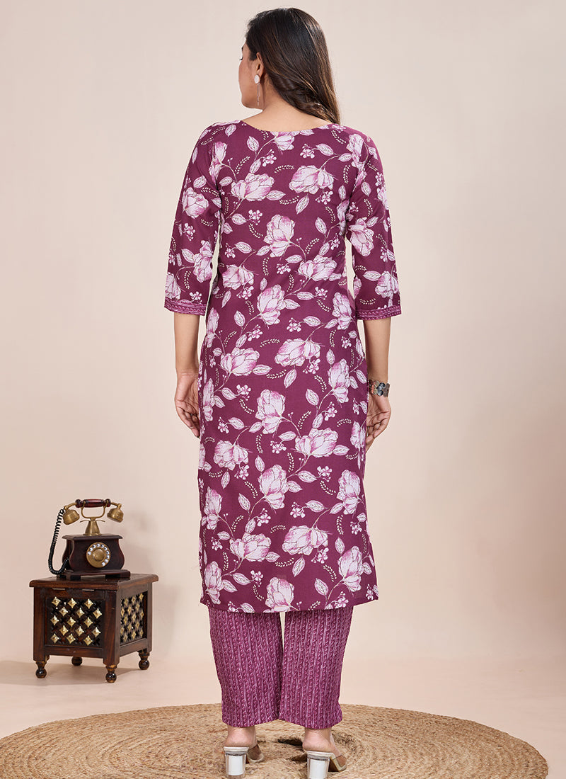 Prazu Fashion Wine Printed Cotton Blend Kurta Pant Set
