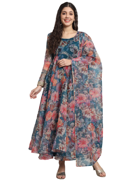 Fab Fashion Organza Floral Blue Gota Anarkali