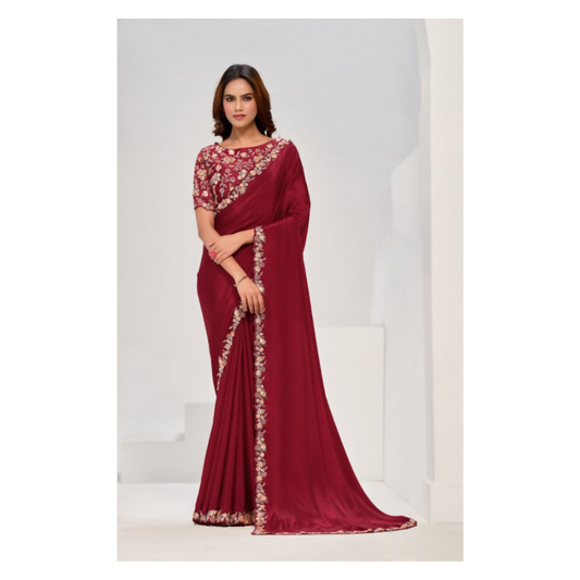Maroon Pure Crepe Georgette Sequence Saree with Unstitched Blouse - Norita Saanjh
