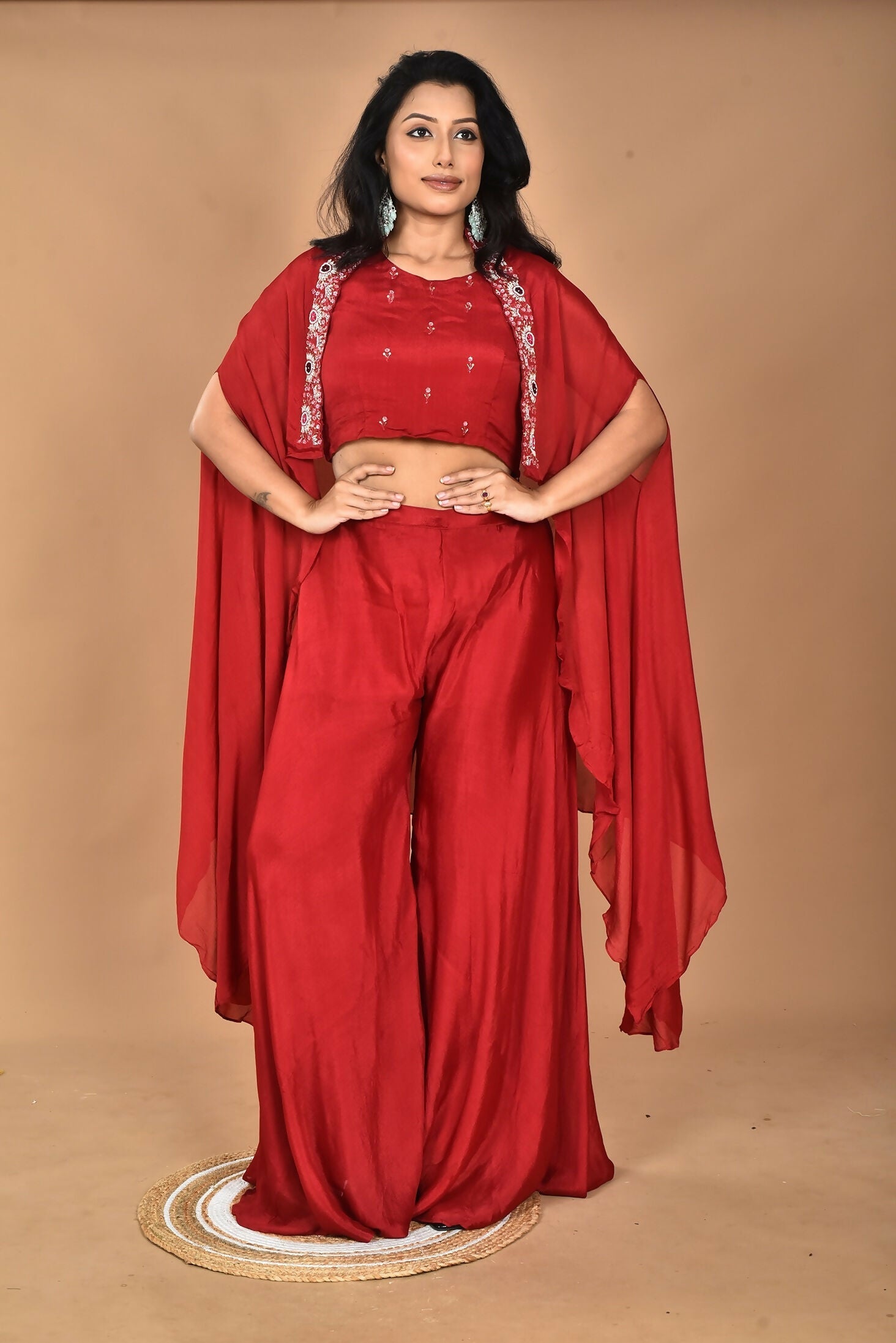 Morchari Women And Hand Embroidery Palazzo Set-Maroon 