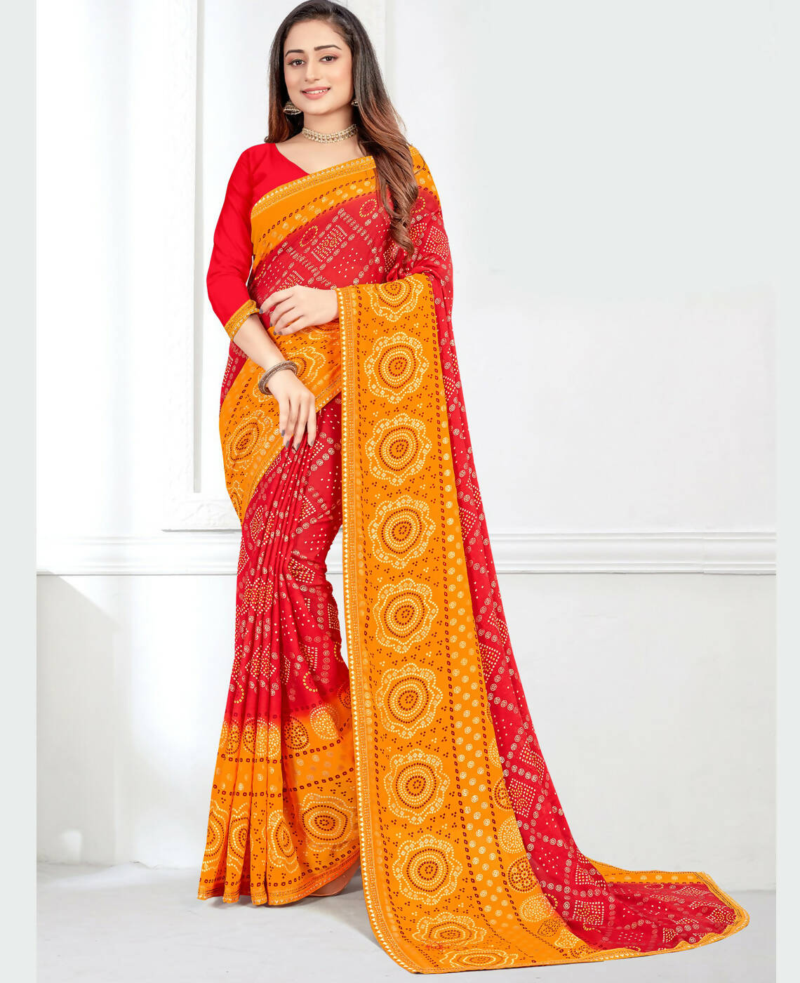 Red & Yellow Georgette Bandhani Printed Saree With Unstitched Blouse Piece - Jyoti