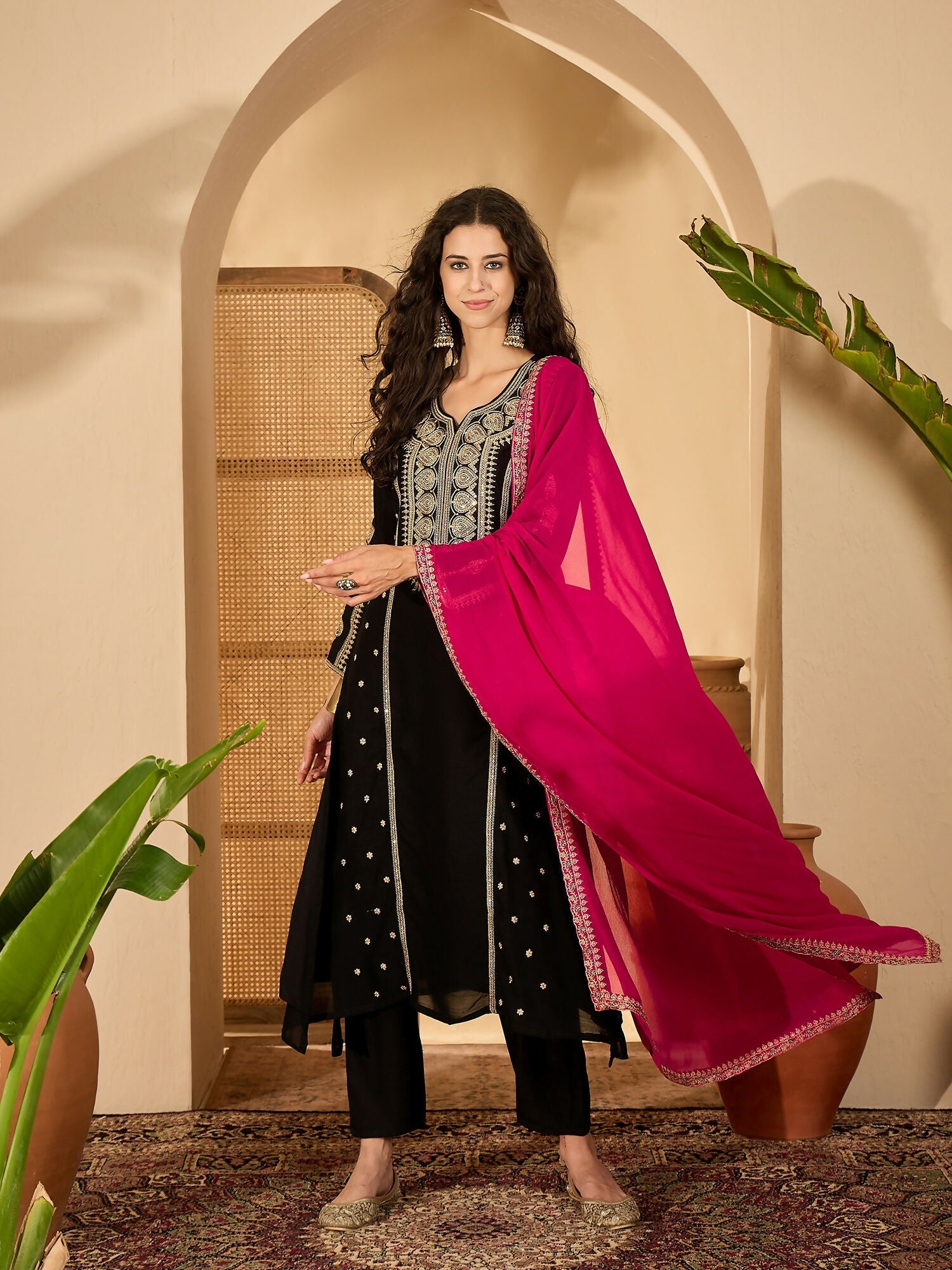 Joban Fashion Embroidery Black Vichitra Silk Kurta Set