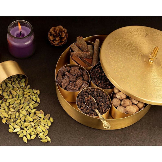 Akshata 06 Hand Etched Brass Spice Box Set for Kitchen with Spoon (7 Containers) 