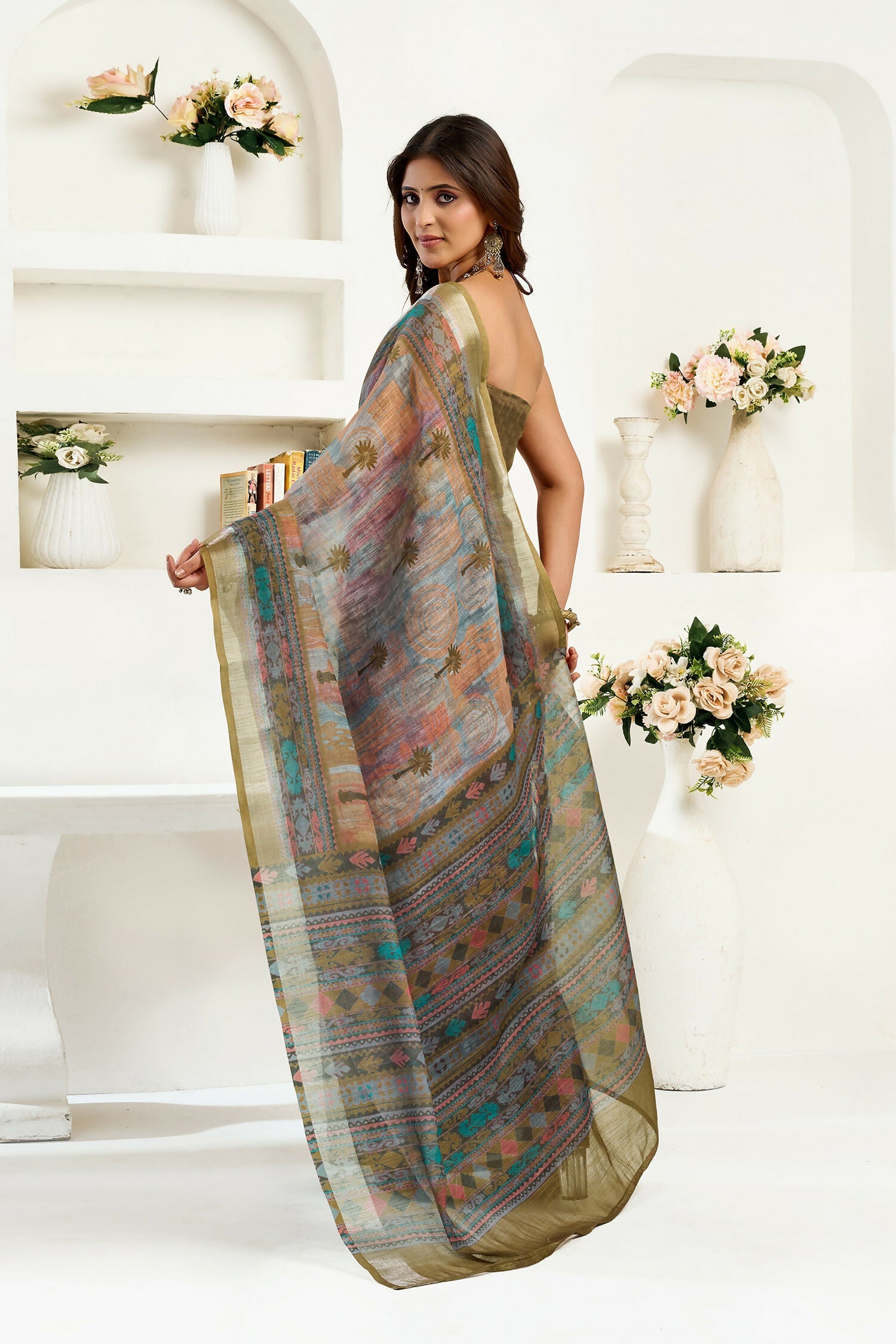Joban Fashion Dusty Green Floral & Ethnic Motifs Linen Ready To Wear Saree With Unstitched Blouse