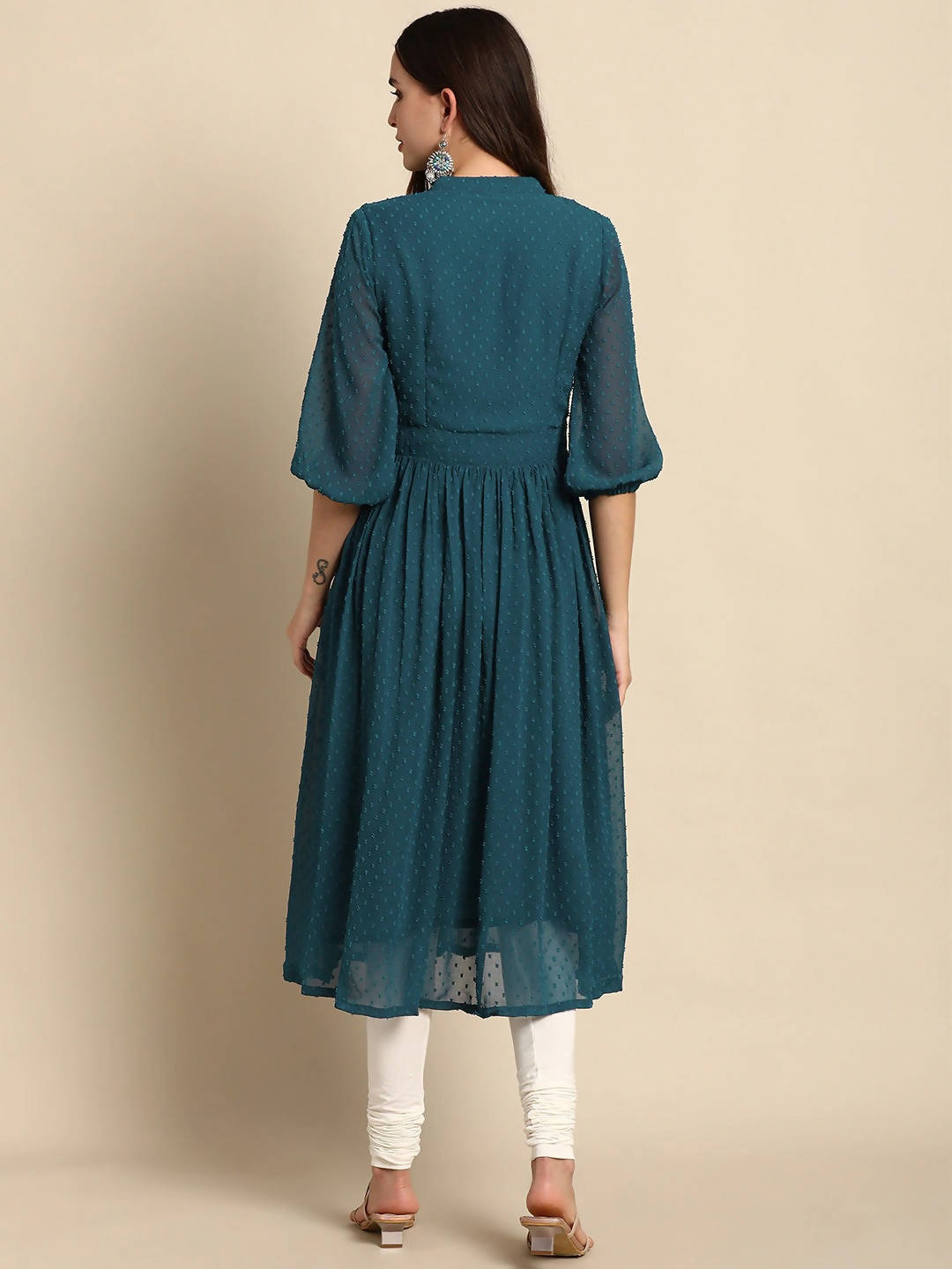 Janasya Women Teal Dobby Weave Kurta