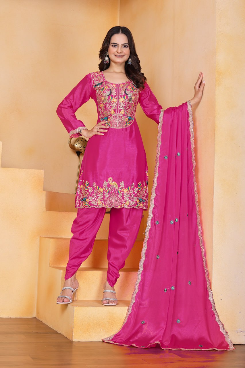 Prazu Fashion Pink Chinon Silk Embroidered Dhoti Style Suit