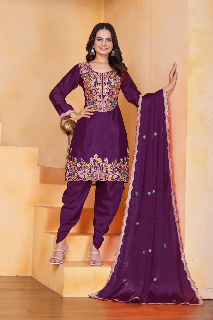 Prazu Fashion Wine Chinon Silk Embroidered Dhoti Style Suit
