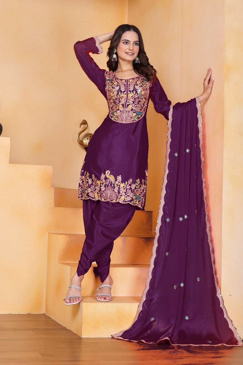 Prazu Fashion Wine Chinon Silk Embroidered Dhoti Style Suit