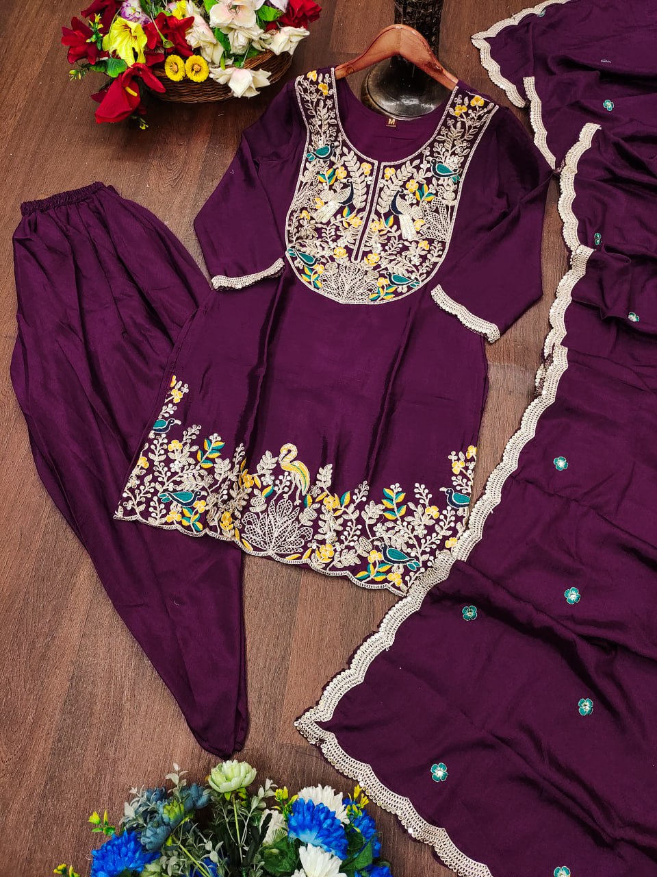 Prazu Fashion Wine Chinon Silk Embroidered Dhoti Style Suit