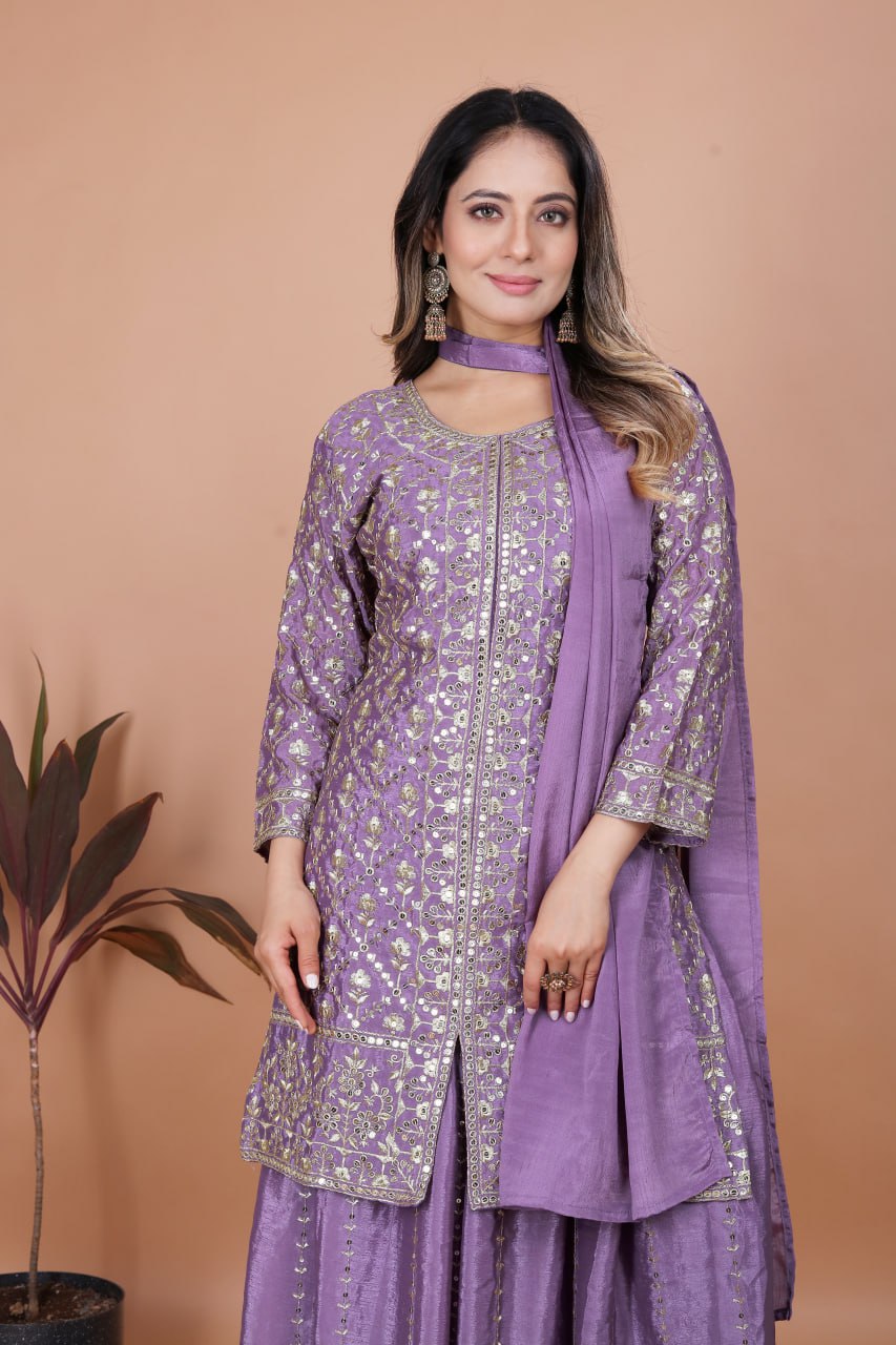 Prazu Fashion Lavender Chinon Silk Embroidered Sharara Suit