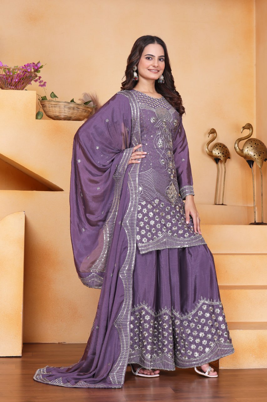 Prazu Fashion Lavender Chinon Silk Embroidered Designer Sharara Suit