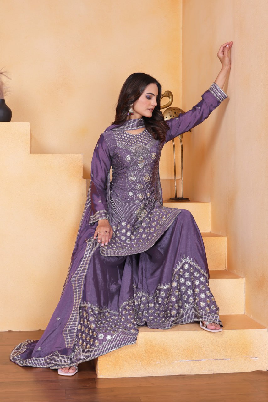 Prazu Fashion Lavender Chinon Silk Embroidered Designer Sharara Suit