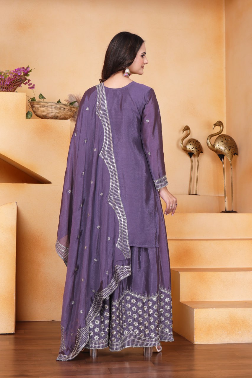 Prazu Fashion Lavender Chinon Silk Embroidered Designer Sharara Suit
