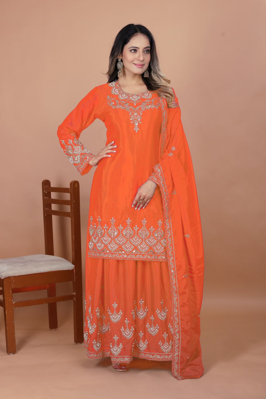 Lehenga Mart Premium Readymade Top Sharara With Dupatta Set For Women-Orange
