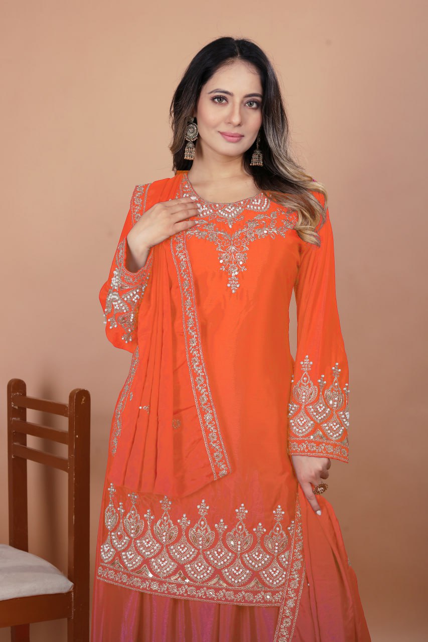 Lehenga Mart Premium Readymade Top Sharara With Dupatta Set For Women-Orange