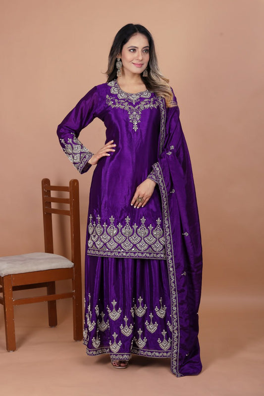 Lehenga Mart Premium Readymade Top Sharara With Dupatta Set For Women-Purple