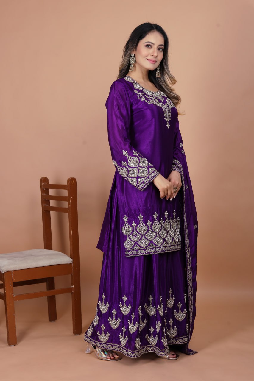 Lehenga Mart Premium Readymade Top Sharara With Dupatta Set For Women-Purple