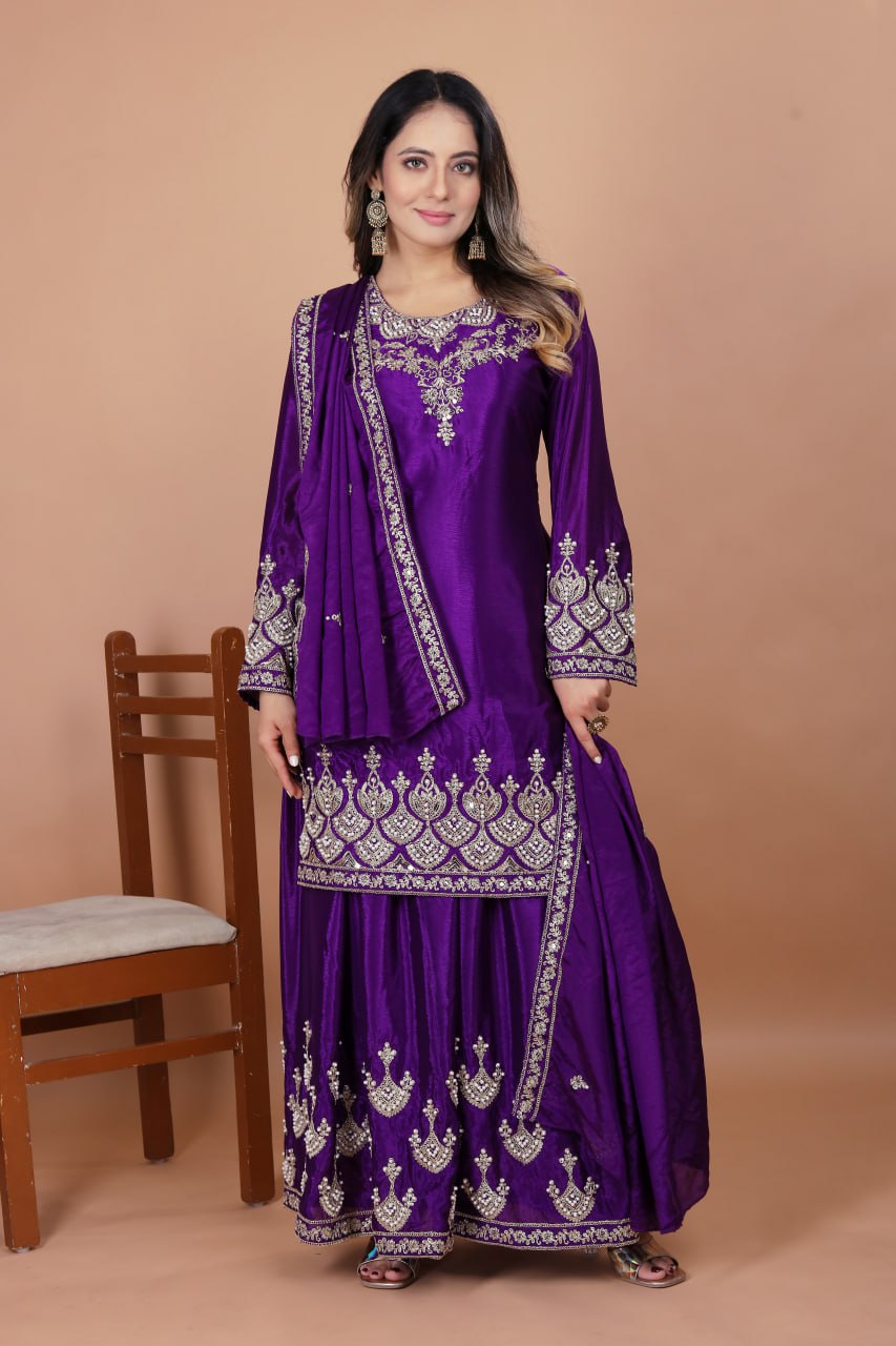 Lehenga Mart Premium Readymade Top Sharara With Dupatta Set For Women-Purple