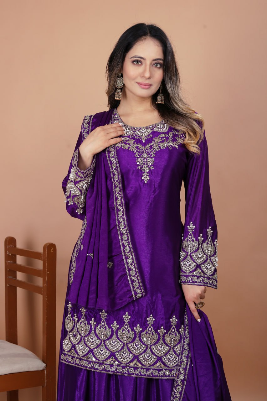 Lehenga Mart Premium Readymade Top Sharara With Dupatta Set For Women-Purple