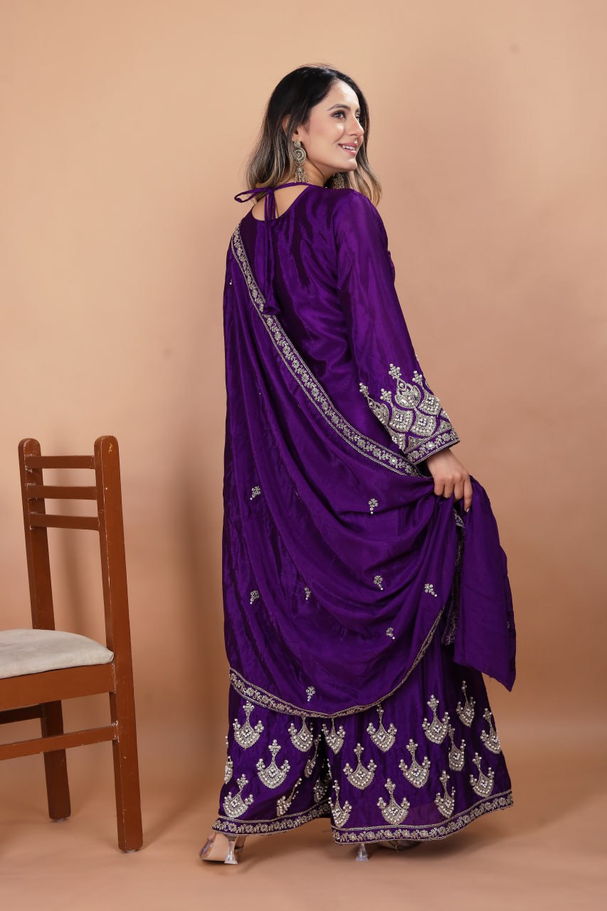 Prazu Fashion Violet Chinon Silk Embroidered Rivet Moti Work Sharara Suit