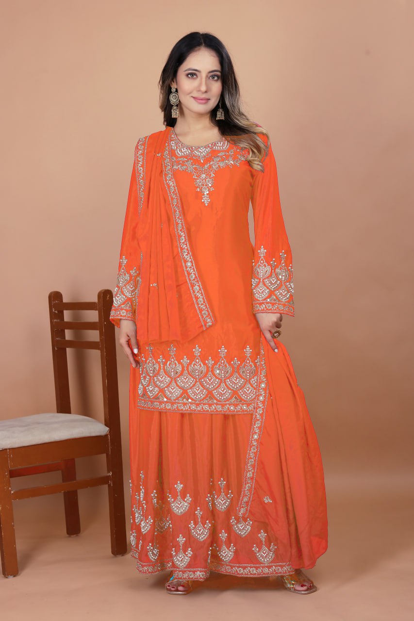 Prazu Fashion Orange Chinon Silk Embroidered Designer Sharara Suit
