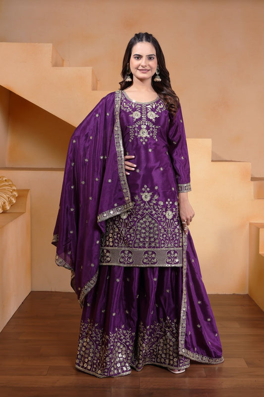 Lehenga Mart Premium Readymade Top Sharara With Dupatta Set For Women-Purple