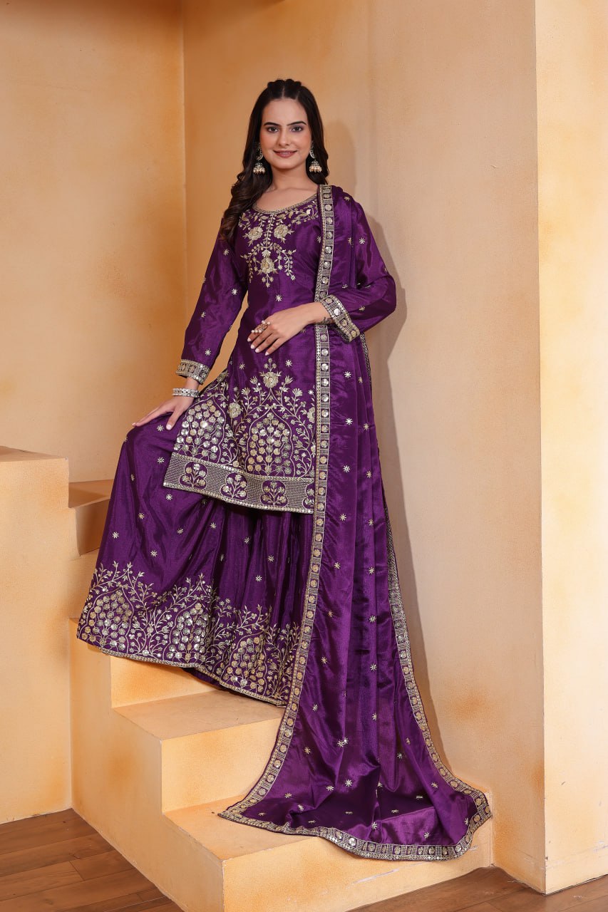 Lehenga Mart Premium Readymade Top Sharara With Dupatta Set For Women-Purple
