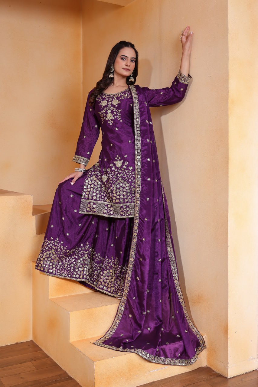Lehenga Mart Premium Readymade Top Sharara With Dupatta Set For Women-Purple