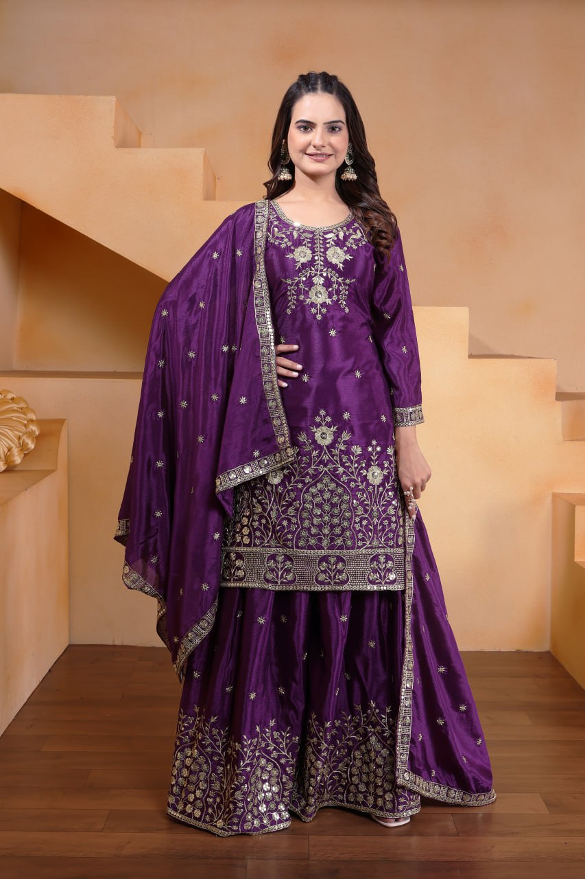 Prazu Fashion Violet Chinon Silk Embroidered Designer Sharara Suit