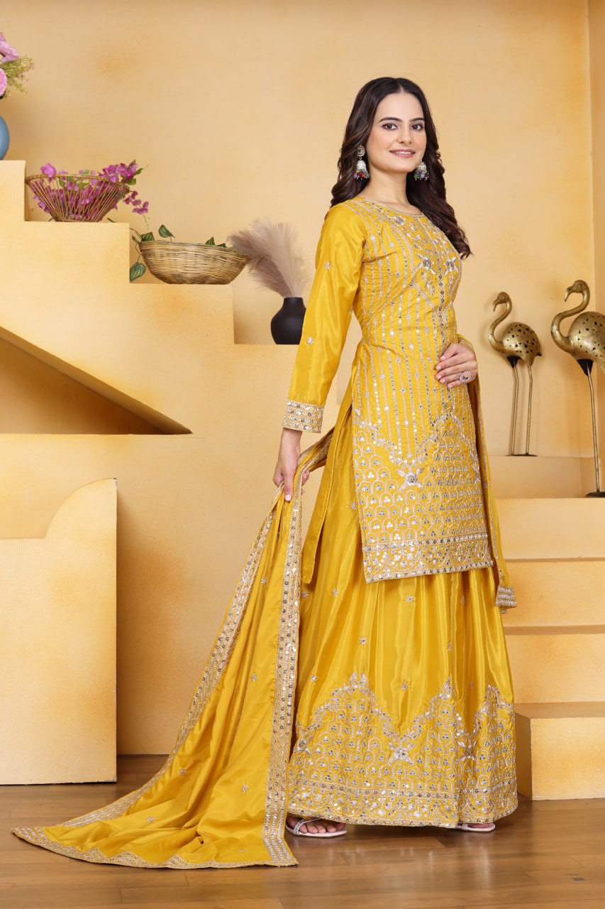 Lehenga Mart Premium Readymade Top Sharara With Dupatta Set For Women-Yellow