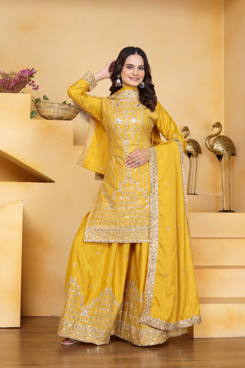 Lehenga Mart Premium Readymade Top Sharara With Dupatta Set For Women-Yellow