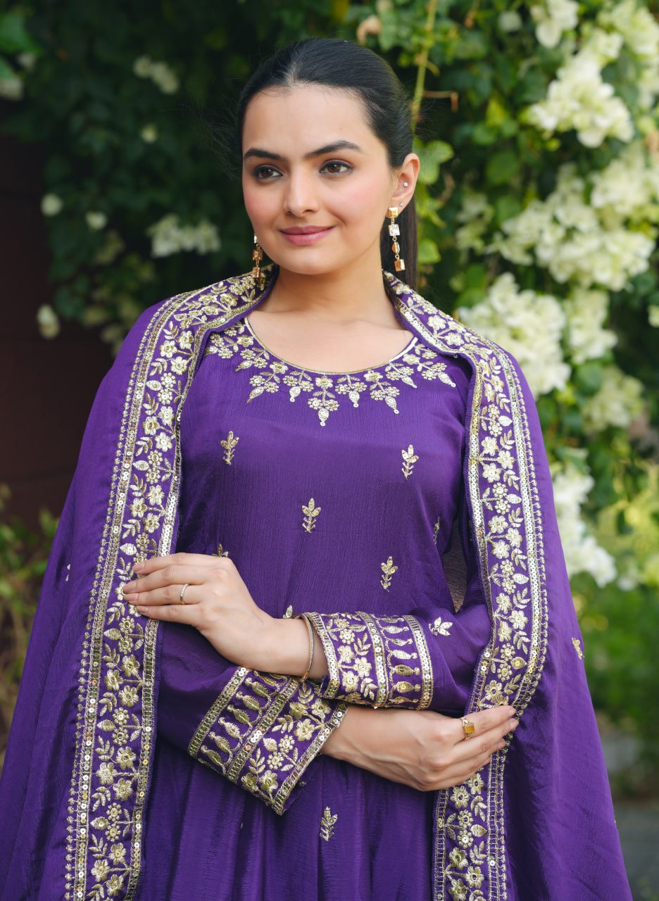 Lehenga Mart Premium Readymade Gown And Pant With Dupatta Set For Women-Purple