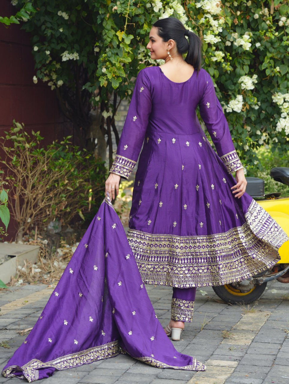 Prazu Fashion Violet Chinon Silk Embroidered Designer Anarkali Suit