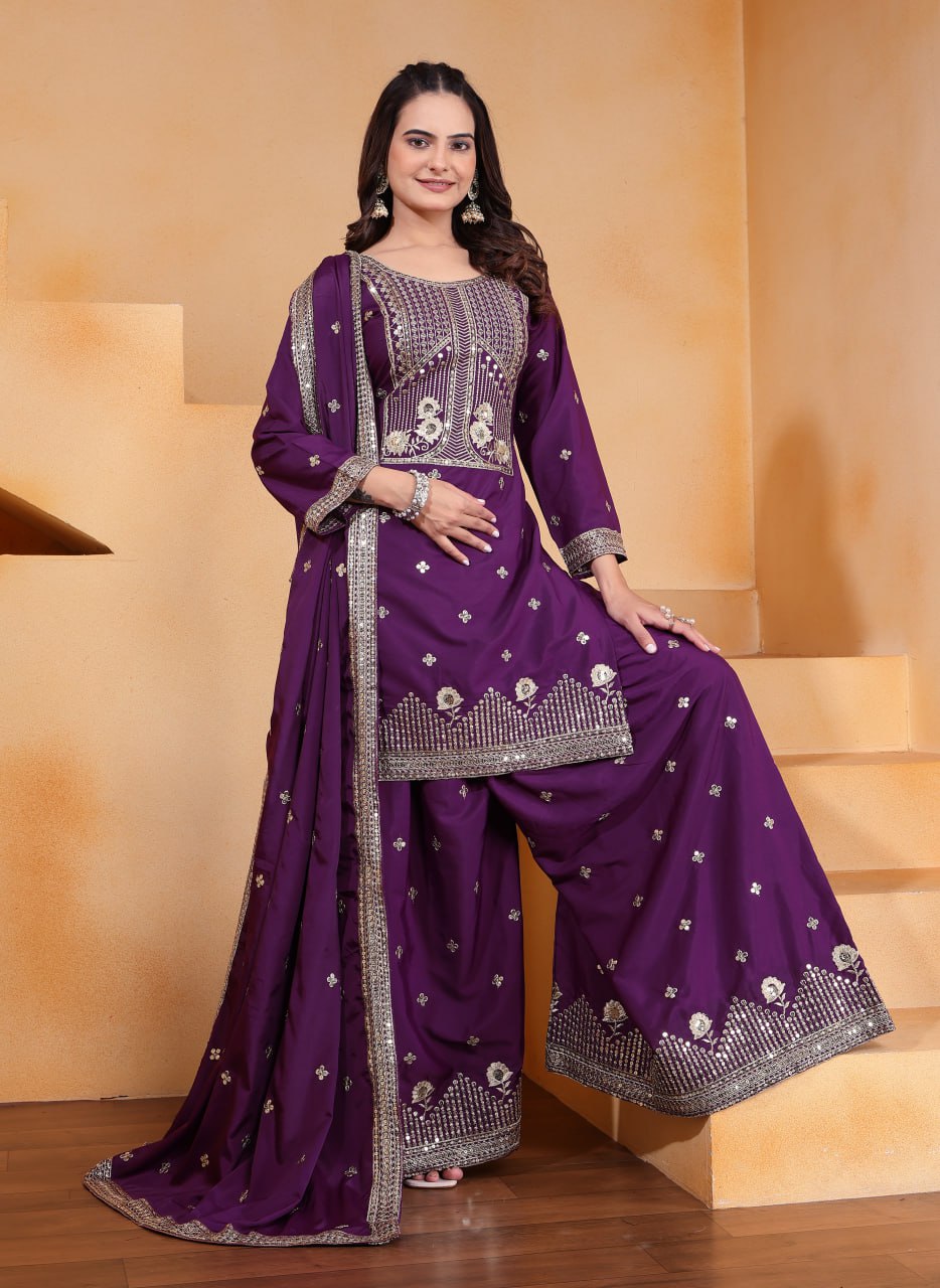 Lehenga Mart Premium Readymade Top Sharara With Dupatta Set For Women-Purple