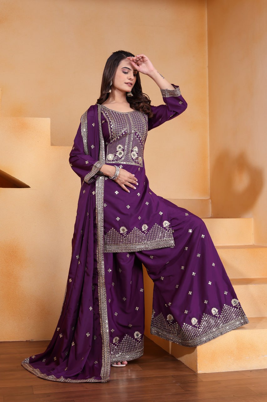 Lehenga Mart Premium Readymade Top Sharara With Dupatta Set For Women-Purple