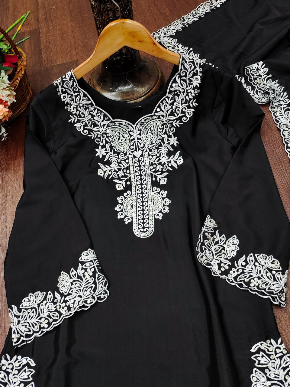 Prazu Fashion Black Crepe Silk Embroidered Palazzo Suit