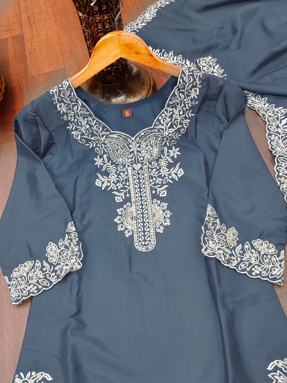 Prazu Fashion Dark Sky Blue Crepe Silk Embroidered Palazzo Suit