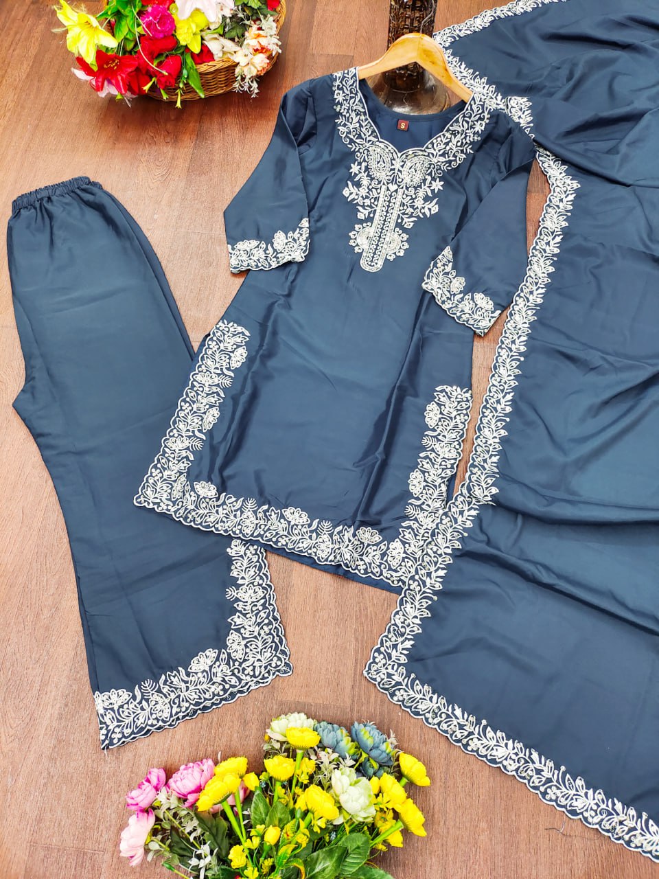 Prazu Fashion Dark Sky Blue Crepe Silk Embroidered Palazzo Suit