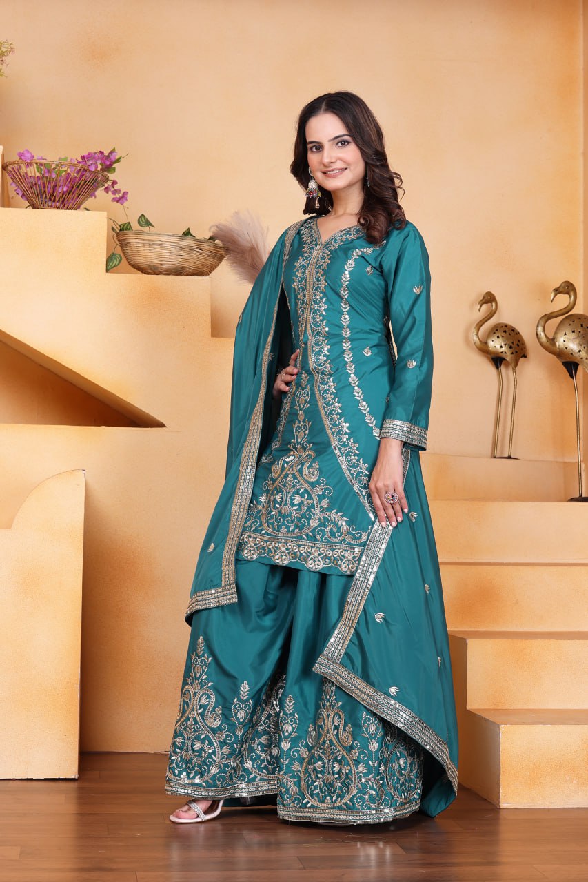 Lehenga Mart Premium Readymade Top Sharara With Dupatta Set For Women-Rama Green
