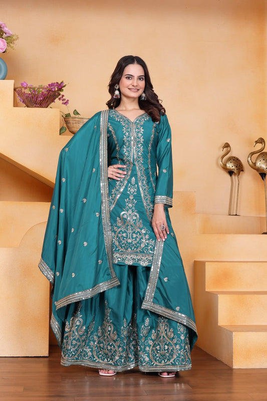 Prazu Fashion Rama Green Crepe Silk Embroidered Sharara Suit