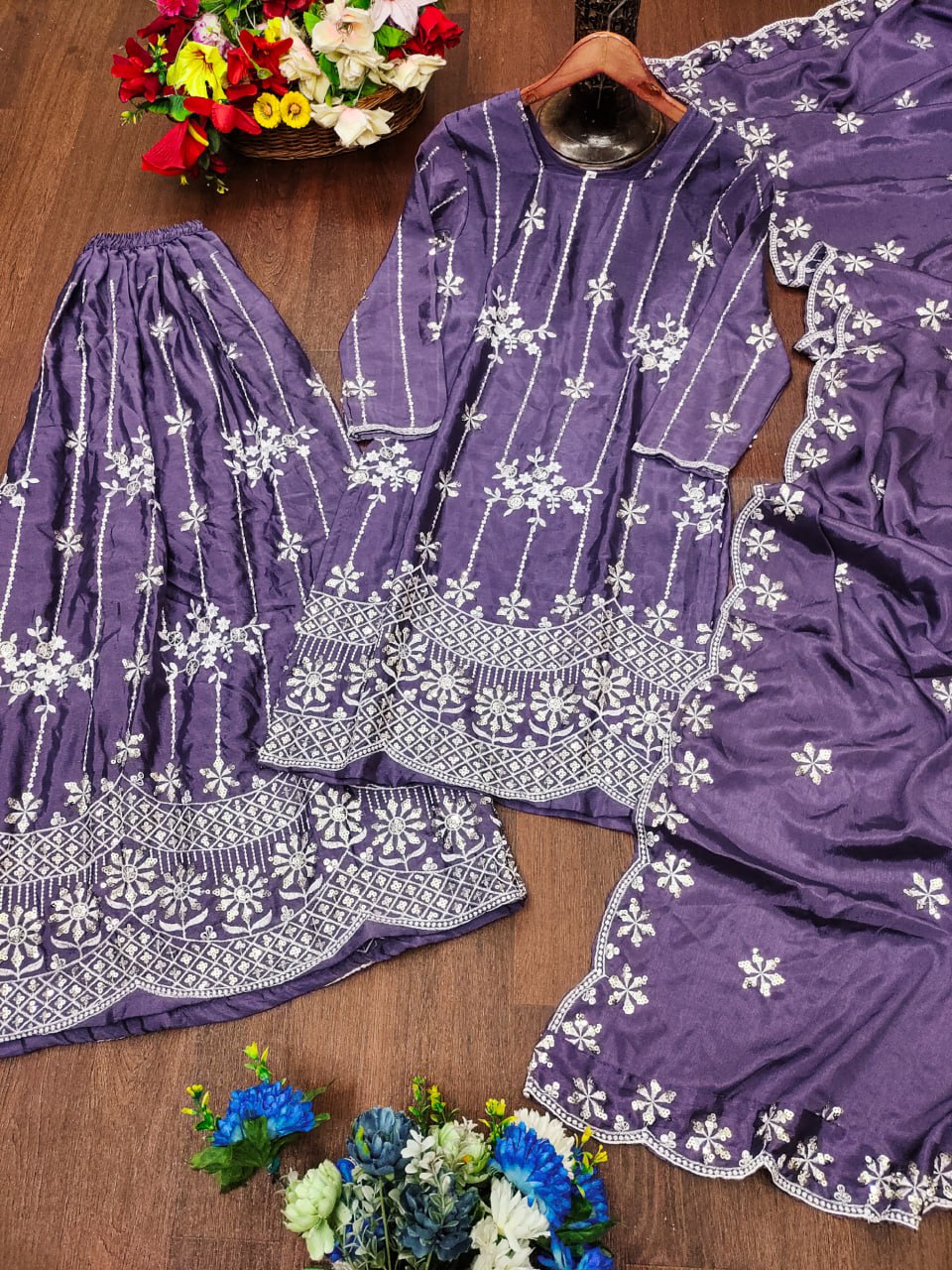 Prazu Fashion Purple Chinon Silk Sequin Embroidered Sharara Suit