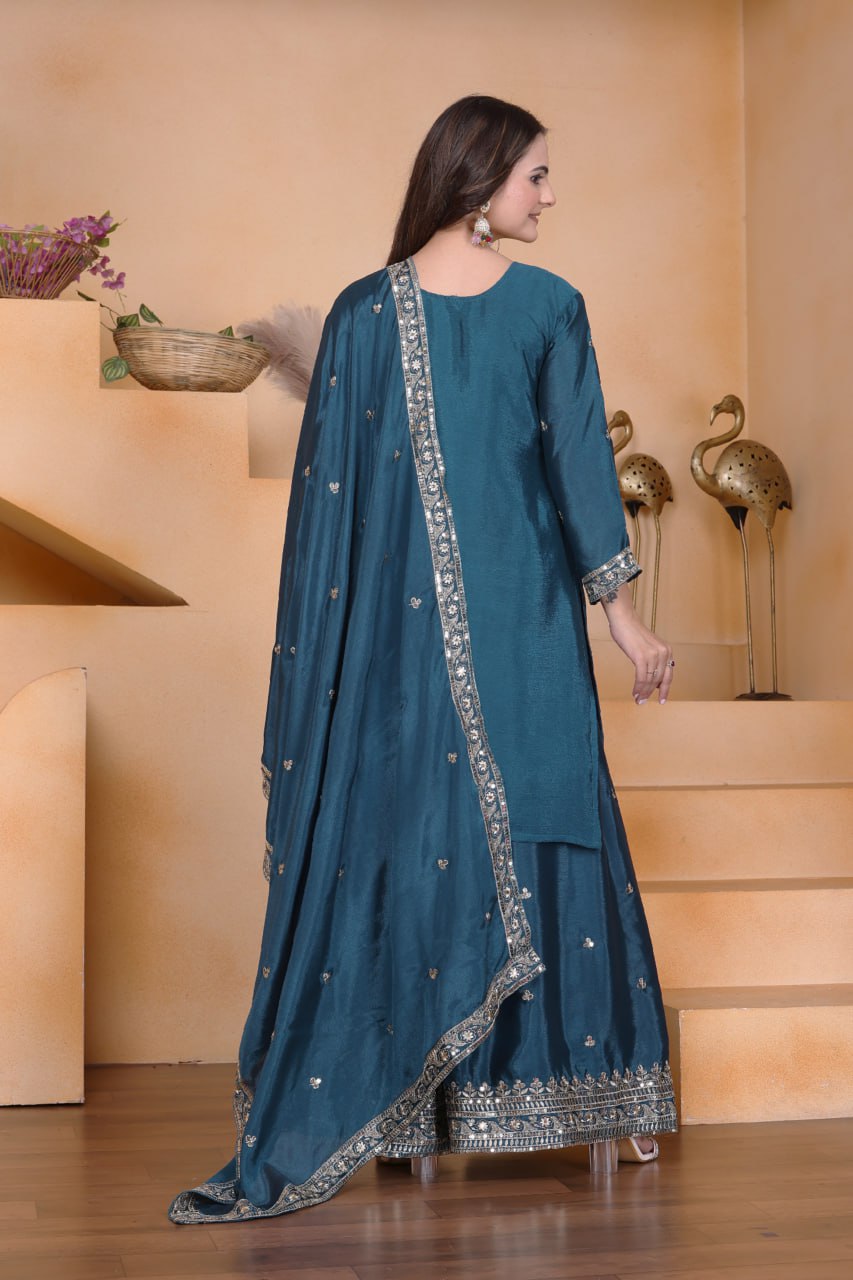 Lehenga Mart Premium Readymade Top Sharara With Dupatta Set For Women-Teal Blue