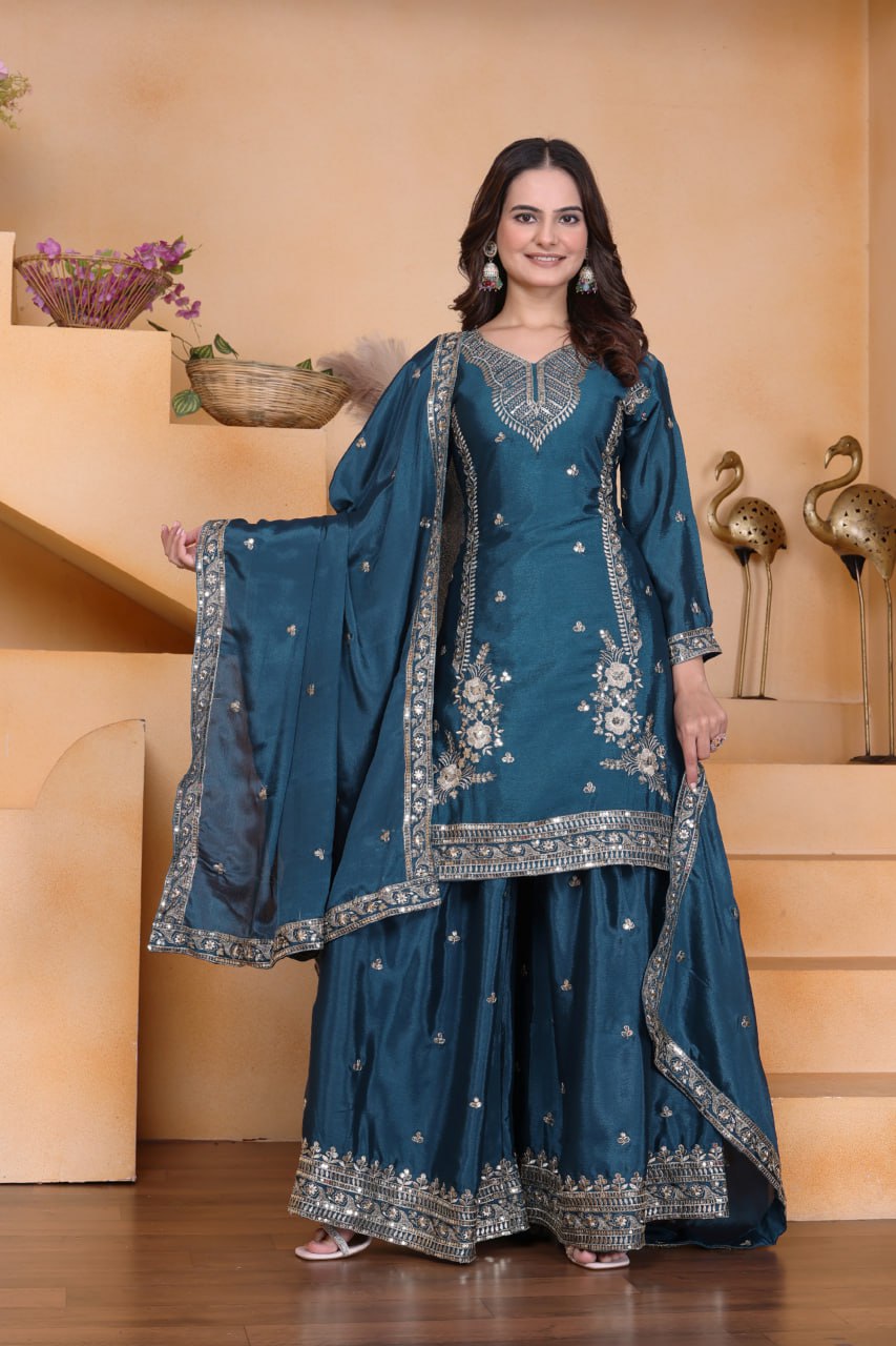 Lehenga Mart Premium Readymade Top Sharara With Dupatta Set For Women-Teal Blue