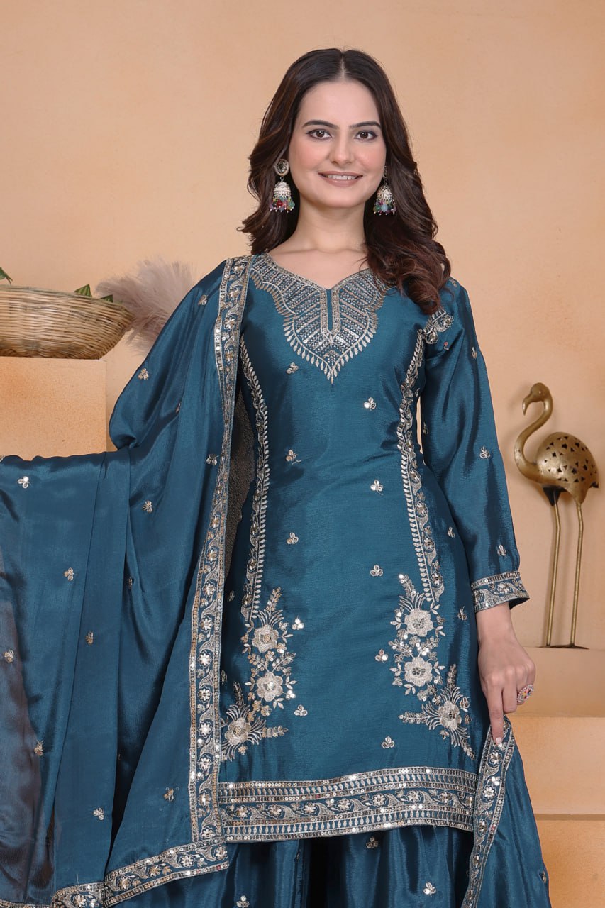 Prazu Fashion Rama Chinon Silk Sequin Embroidered Sharara Suit