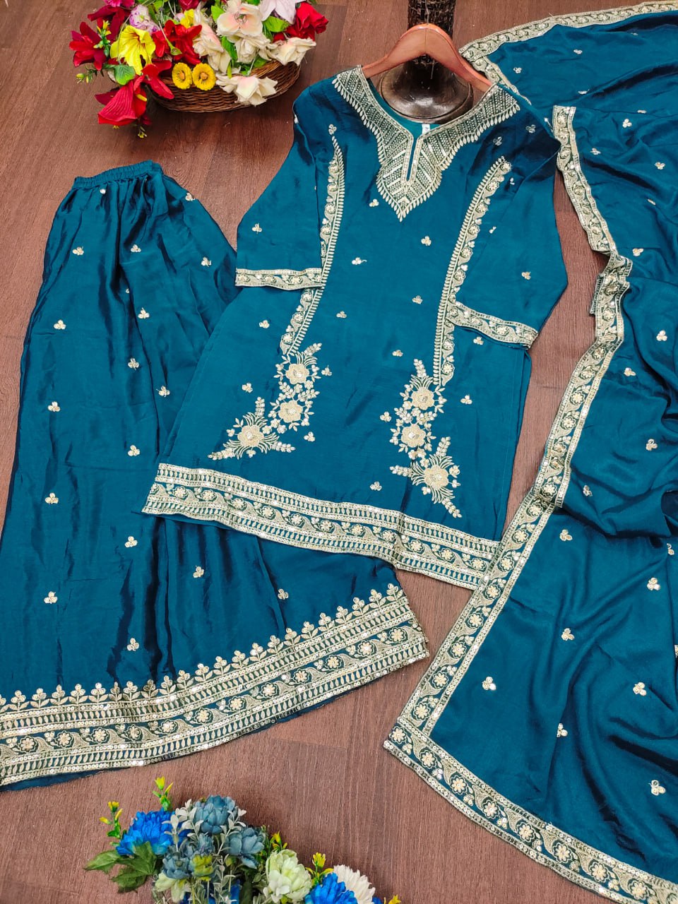 Prazu Fashion Rama Chinon Silk Sequin Embroidered Sharara Suit