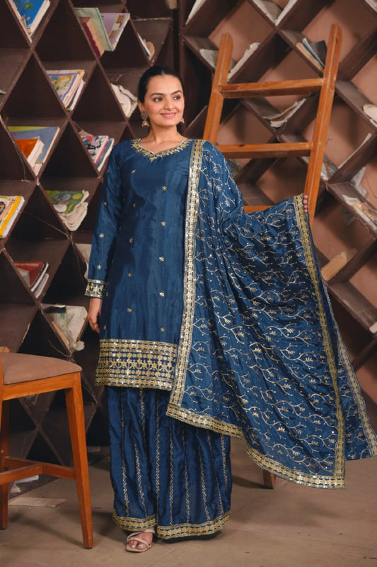 Lehenga Mart Premium Readymade Top Sharara With Dupatta Set For Women-Teal Blue