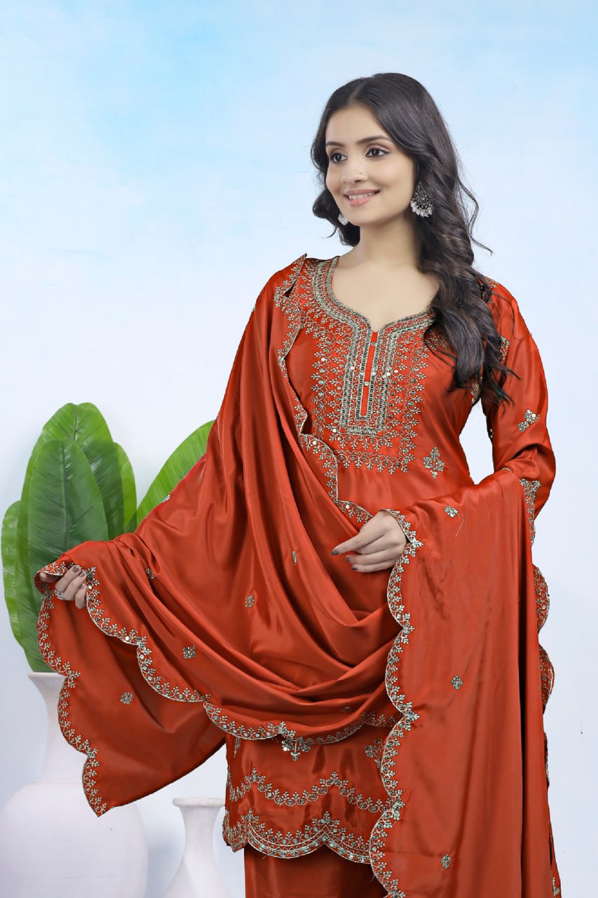 Lehenga Mart Designer Ready To Wear Kurta Pant With Dupatta For Women-Rust Orange